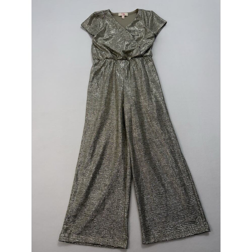GB Girls, Silver Metallic Jumpsuit Size Small Wide Leg Party Sparkle - Picture 2 of 7
